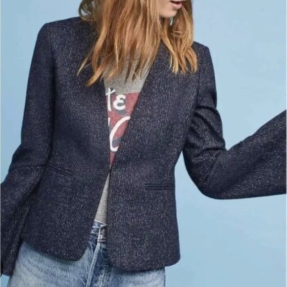 Anthropologie Cartonnier Navy Pinstriped Wool Blend Bell Sleeve Blazer Size 4 - Picture 1 of 14